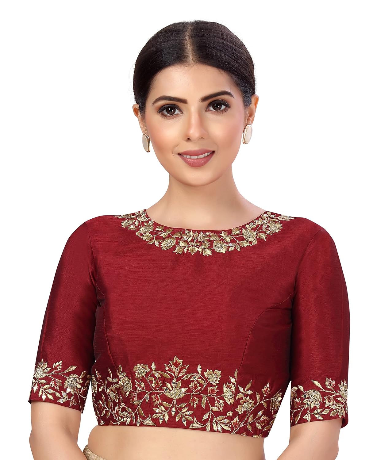 Studio Shringaar Women's Readymade Art Silk Embroidered Saree Blouse with Elbow Length Sleeves