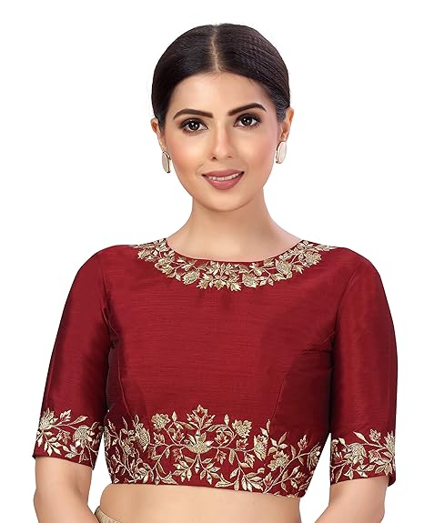 Women's Readymade Art Silk Embroidered Saree Blouse with Elbow Length Sleeves