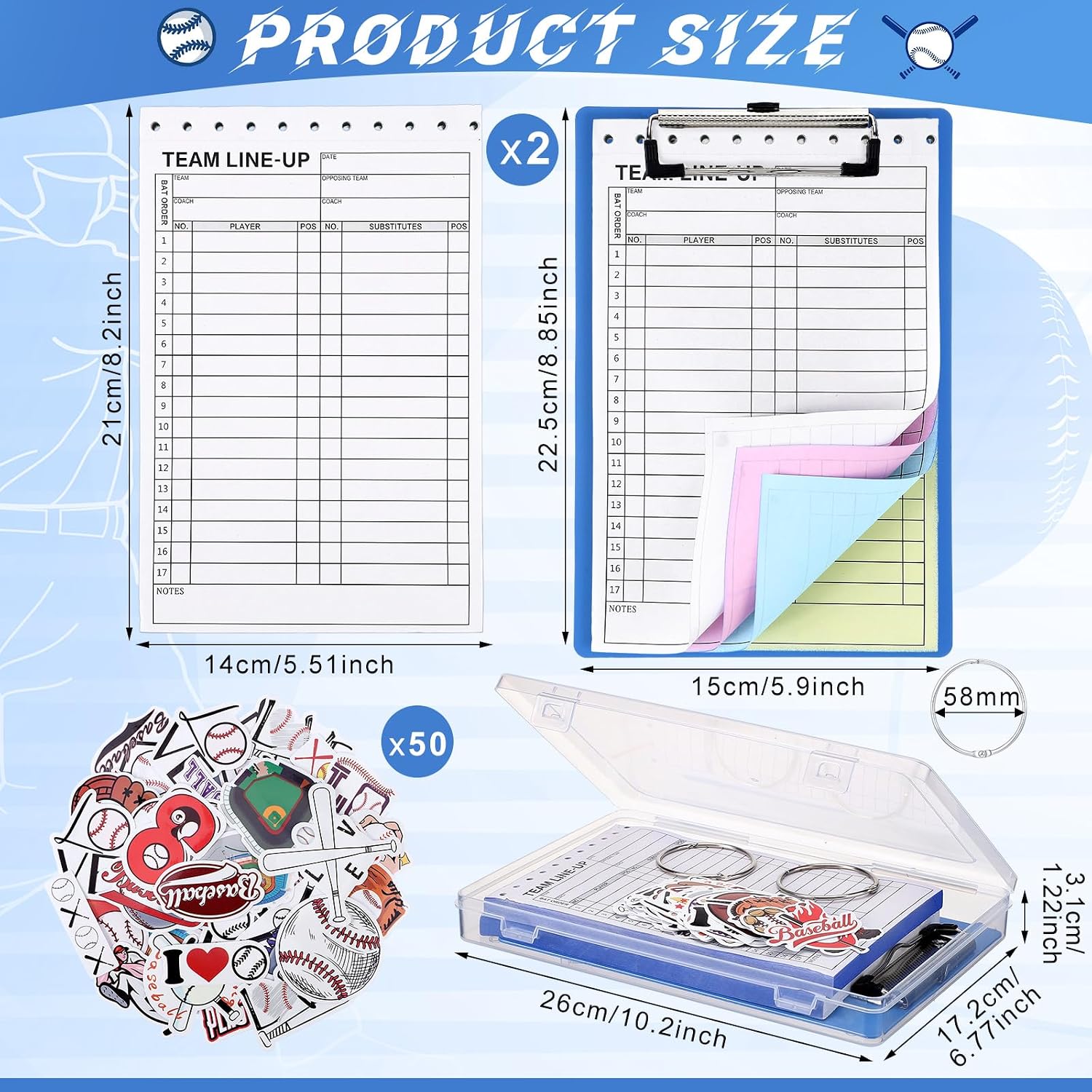 Fuyoooo 80 Set Baseball Lineup Cards with 17 Player Roster 4 Part Form Copy for Coaches Team Sports with Writing Clipboard Storage Box Baseball Stickers and Loose Leaf Binder Ring