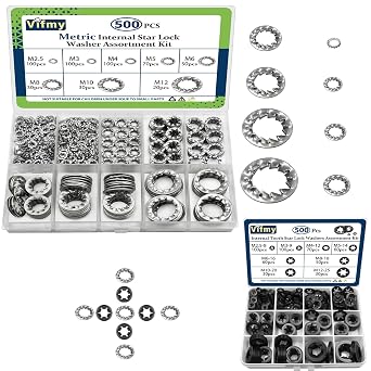 500 PCS 304 Stainless Steel Internal Tooth Lock Washers Assortment Kit and 500 PCS Steel Black Oxide Finish Internal Tooth Star Lock Washers