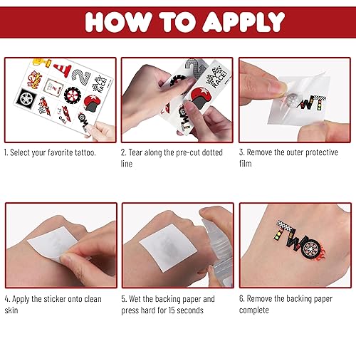 Vista 6 de 96 calcomanías de tatuajes temporales precortadas para autos de carreras rápidas, decoración de fiesta de segundo cumpleaños, suministros