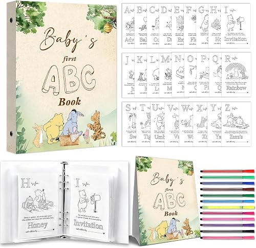 Classic Winnie Baby Shower Decorations,the Pooh Baby Shower Guest Book Alternative,Babies First ABC Book Babies Showers Activity,ABC Coloring Keepsake Books for Party,Pooh Bear Party Supplies