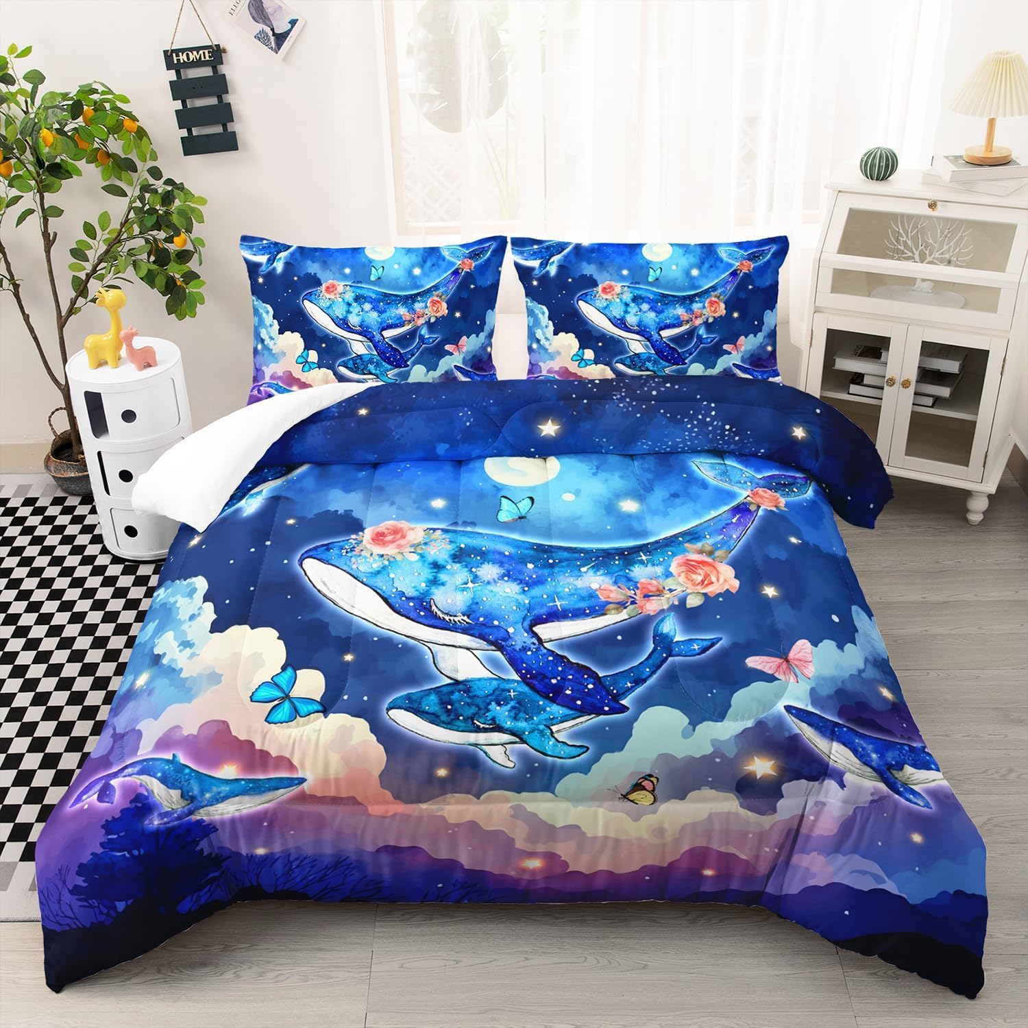 Suncloris Cartoon Ocean Whale Comforter, Moon Starry Night Flying Whale Couple Bedding Set for Kids Adults, Underwater World Life Patteren Quilt Bedroom Decor with 2 Pillow Cases (CoupleWhale, Queen)