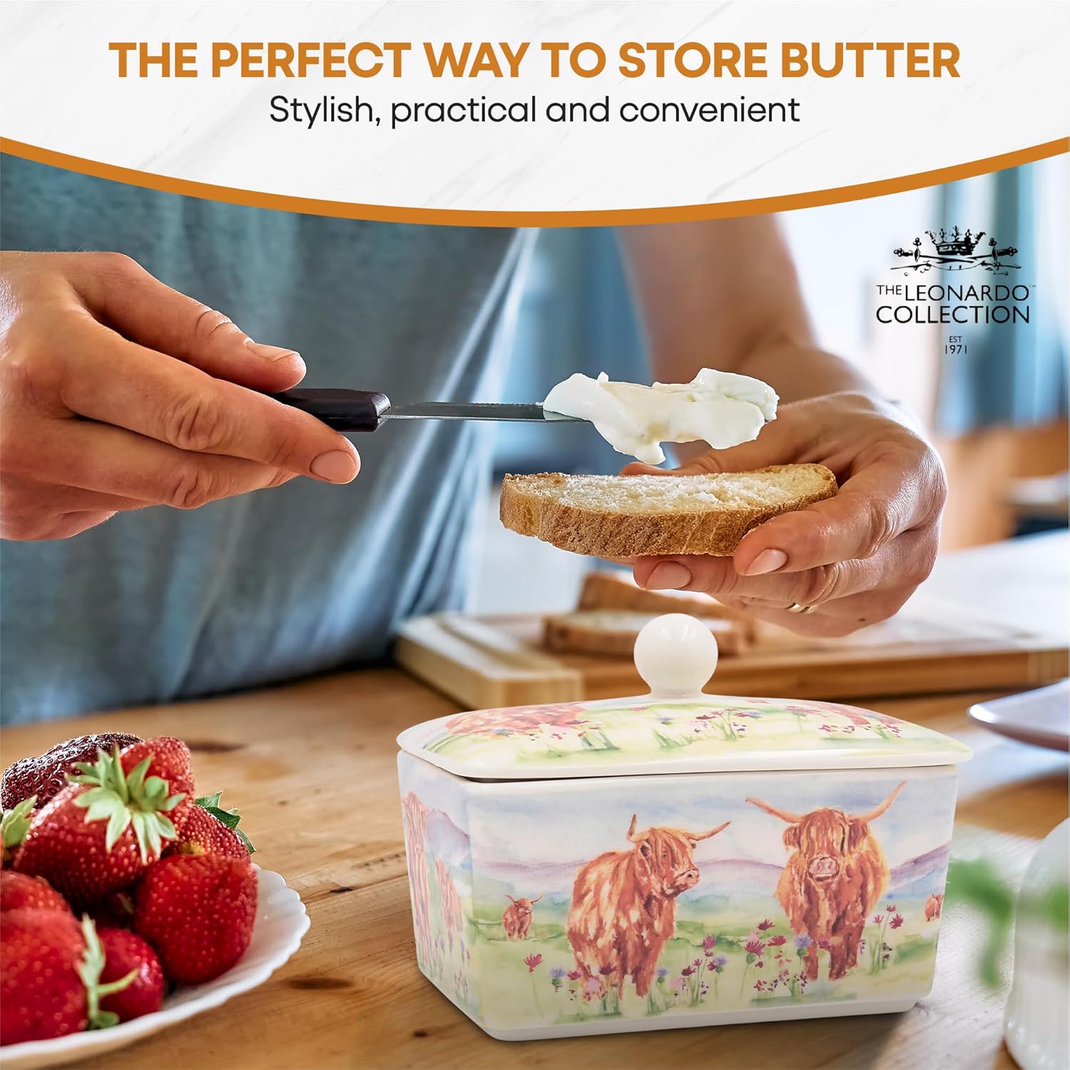 Highland Cows Butter Dish - Ceramic Fine China Butter Dish with Removable Lid and Decorative Box