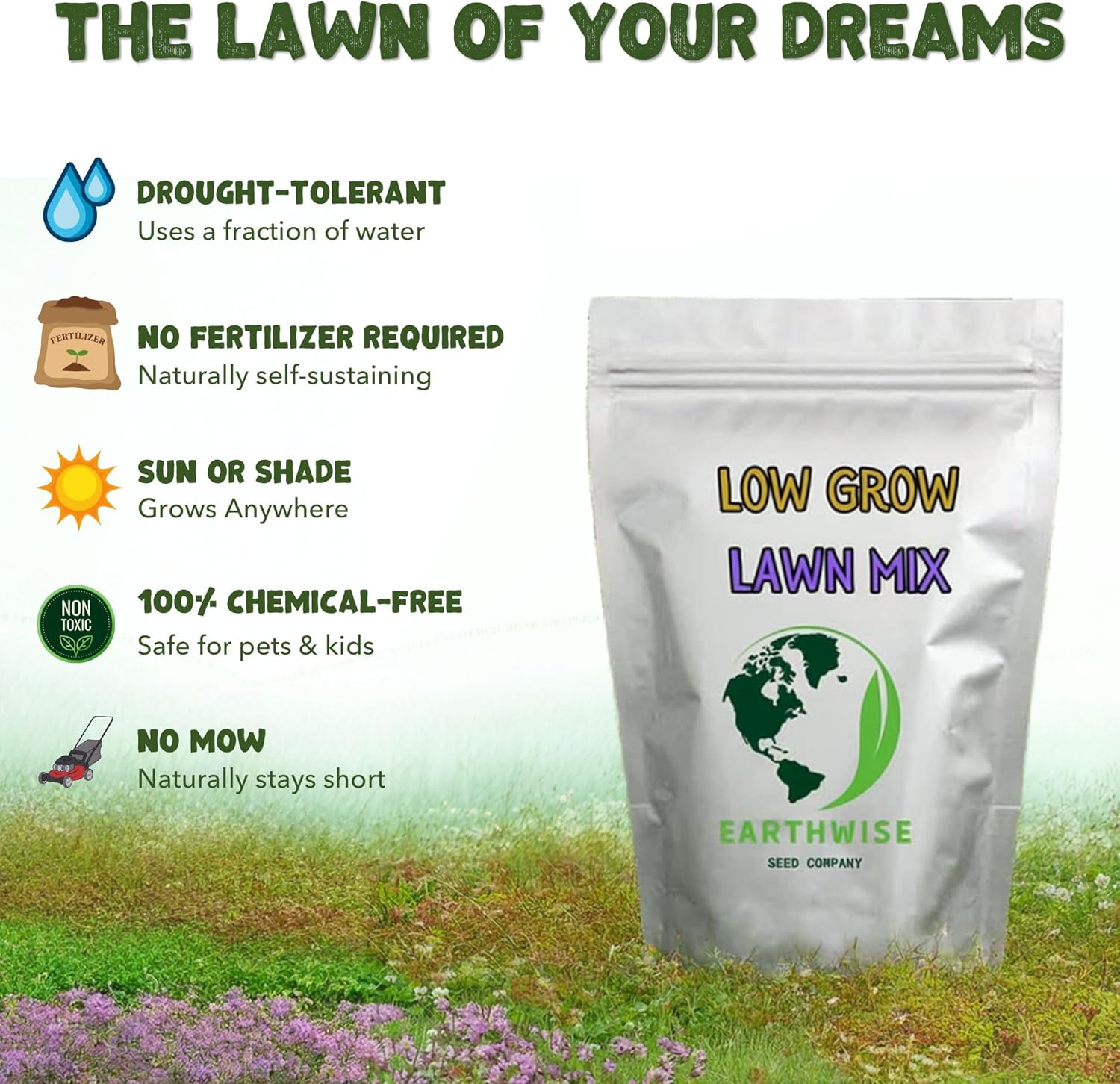 Earthwise Low Grow No Mow Grass Seed – Clover and Fine Fescue Alternative Lawn Mix, Organic, Low Maintenance, Drought Tolerant, Pet Safe – Covers 5,000 sq ft Overseed, 2,000 sq ft Bare, 5 lb