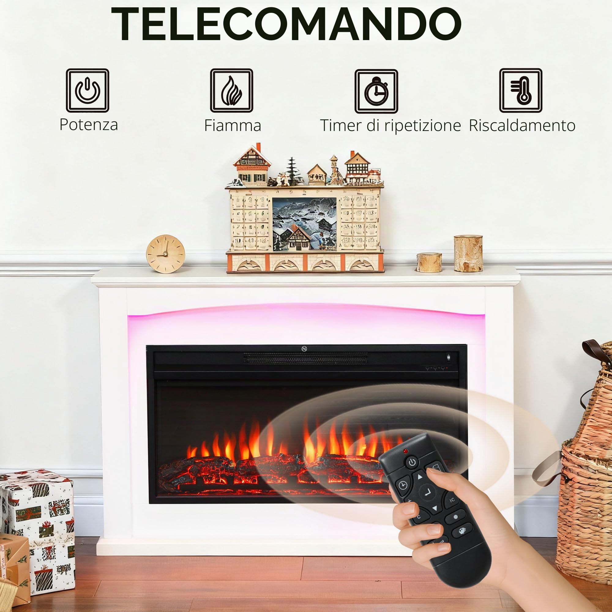 HOMCOM Caminetto elettrico 1000W/2000W, effetto fiamma con 5 luminosità regolabili, finto caminetto decorativo con mantello, termostato regolabile, telecomando, timer, fino a 30 m², bianco