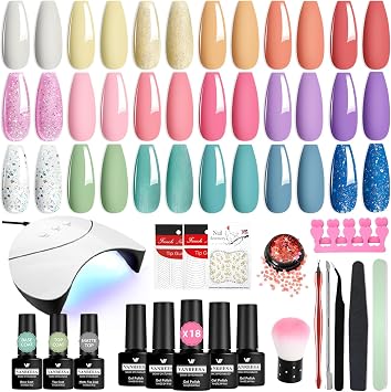 VANREESA Gel Nail Kit, 18 Colours Gel Nail Polish Set with Lamp Starter Kit Pink Blue Purple Spring Summer Colours U V Nail Polish Set with Base and Top Coat Manicure DIY at Home Gifts for Women