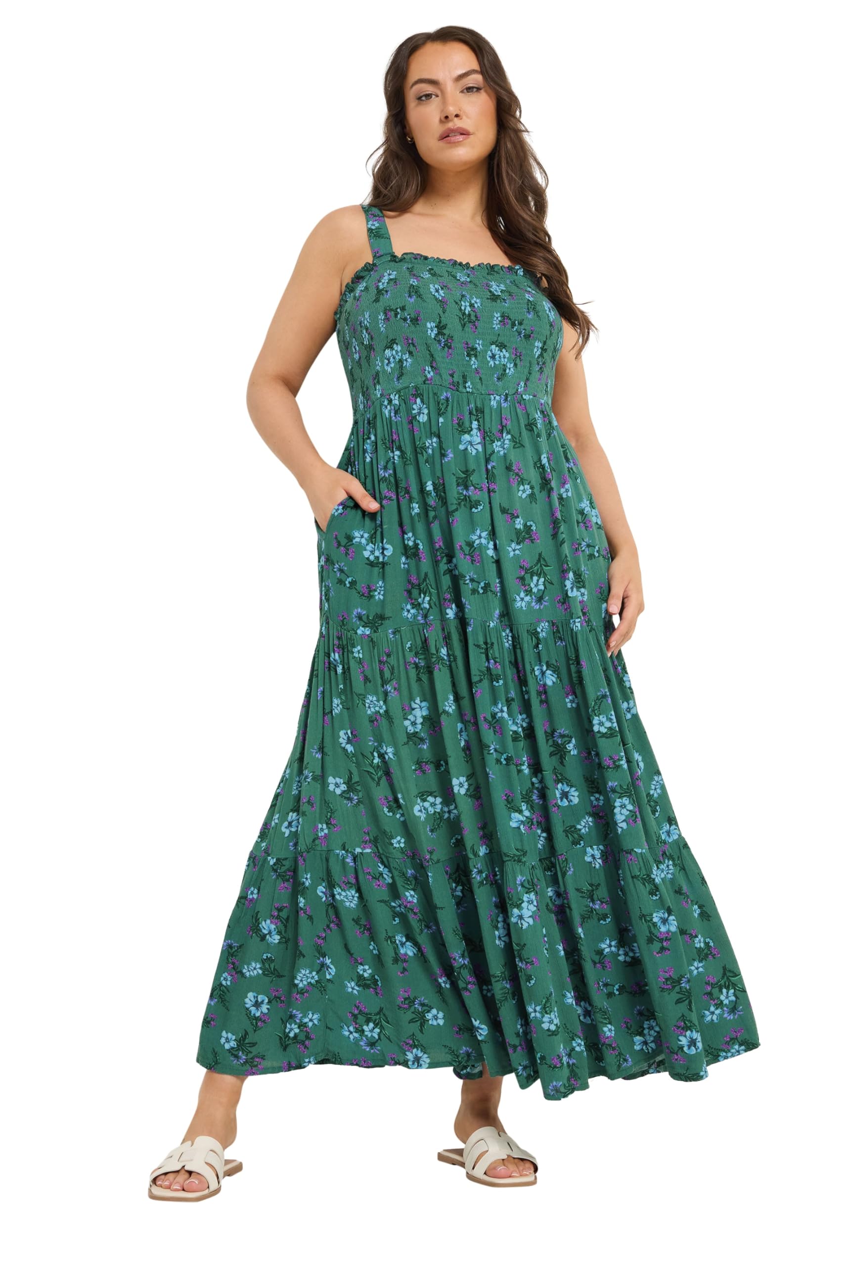 Yours Curve Green Floral Shirred Dress - Women's - Plus Size Curve