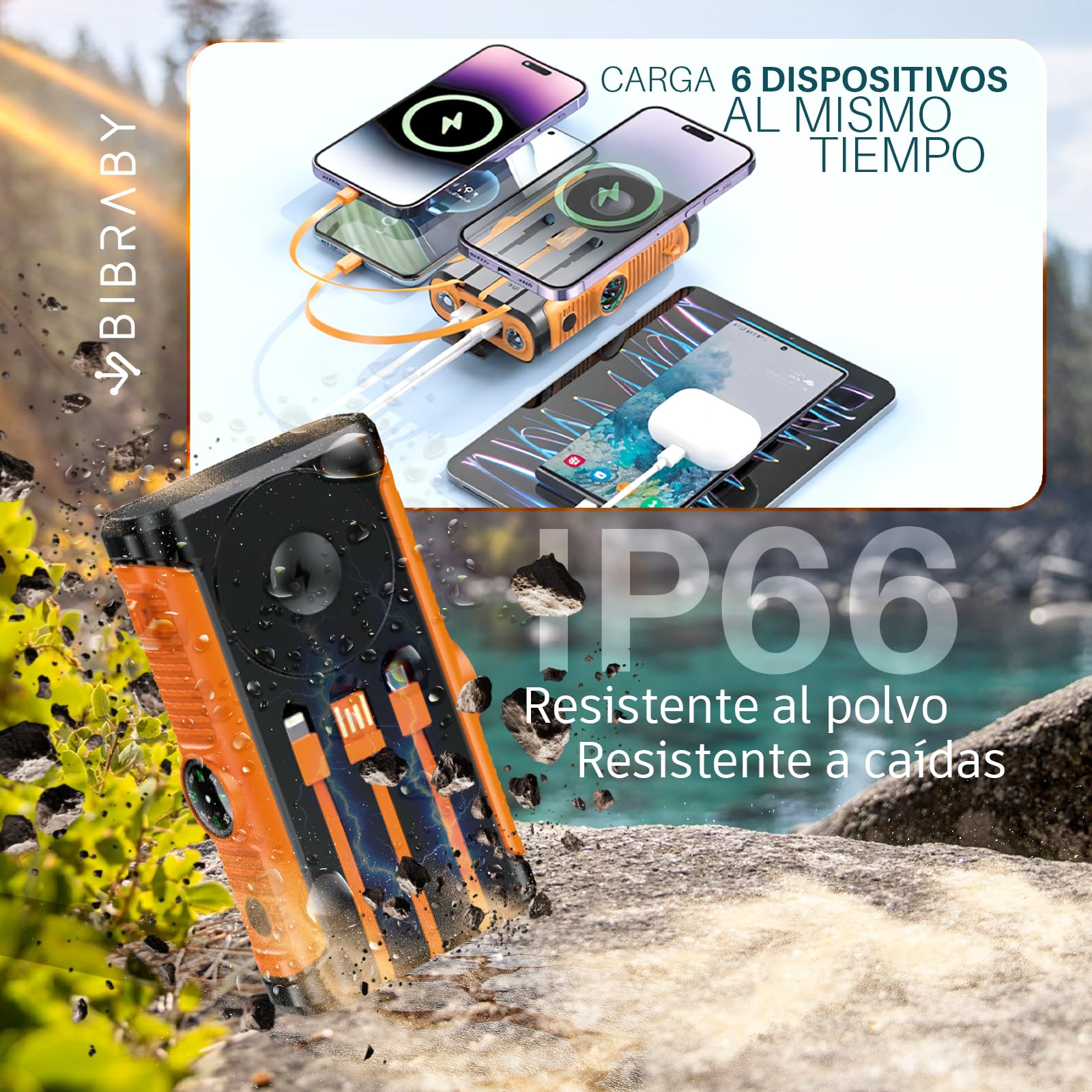 Super Power Bank Solar INALÁMBRICA 3 En 1 De 26800mAh + Manivela para Recarga De Emergencia + 5 Puertos De Carga Rápida 22,5W | Cargador Solar | Cargador Portatil |Bateria Solar Portatil