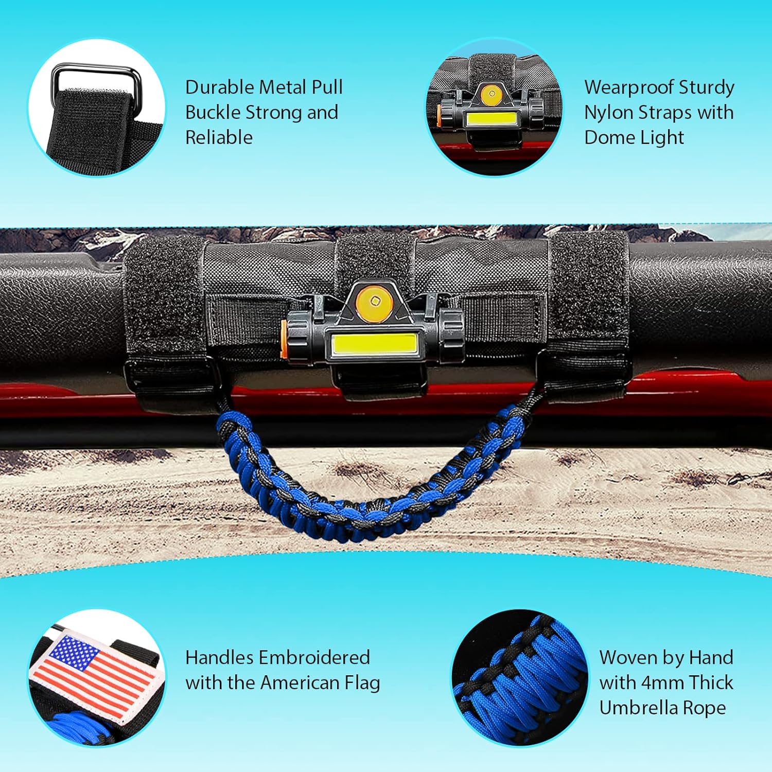 GAIZON 4 Pack Grab Handles Roll Bar Paracord for Jeep Wrangler Accessories Sahara Freedom Rubicon CJ YJ TJ JL JK LJ JLU JKU,Gladiator JT 1955-2023 Interior Accessory,Grip Handle with LED Light (Blue)