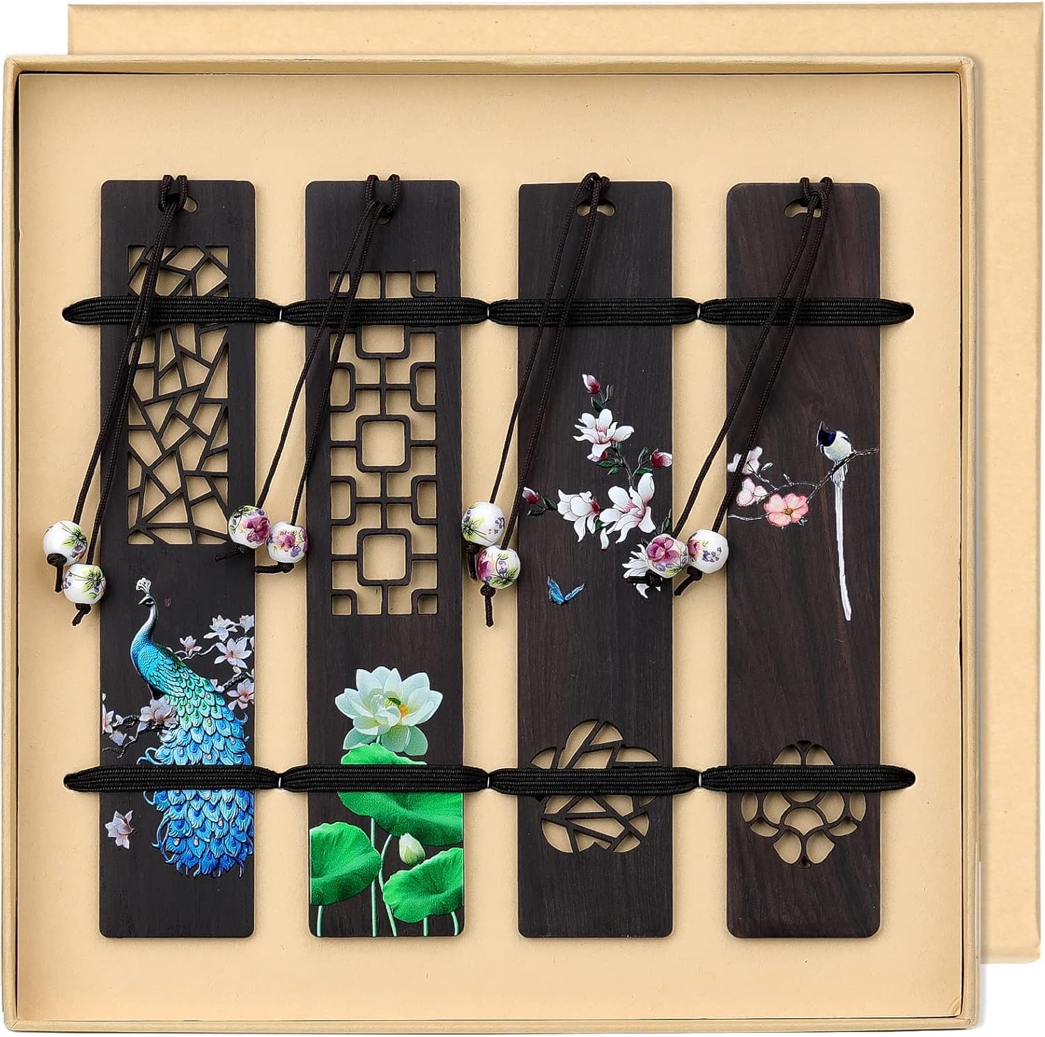 ZIZZON Wooden Bookmark for Men Women, Handmade Natural Wood Carving, Hollow Out and Painted Craft, Ideal Gifts for Men Women Friends Girls Teachers, Birthday Present (Peacock and Lotus) - Image 2