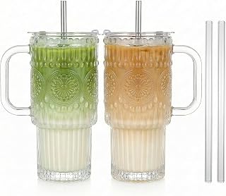 Small Capacity Thick Romantic Glass Cups with Lids and Straws, Vintage Leak Proof Retro Glass Tumblers with Handle–18 oz Reusable Iced Coffee Cups with Lids 2 Pack