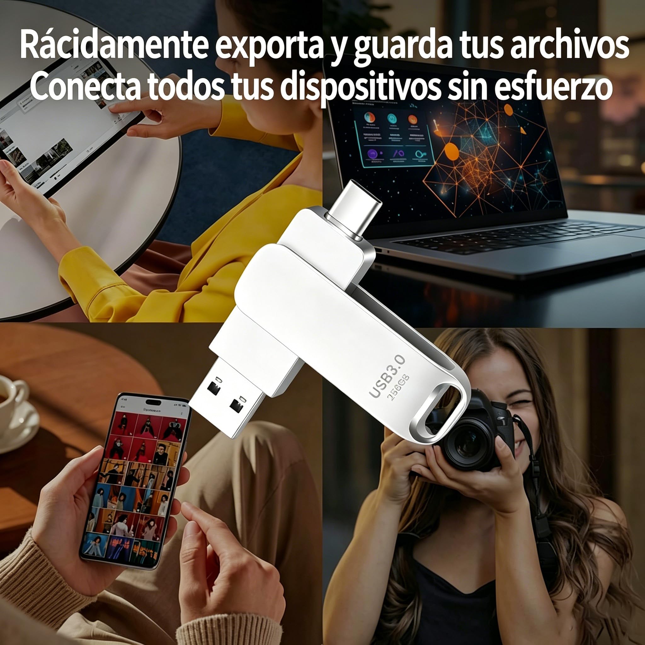 Memoria USB C 3.0 de 256GB, Dual Drive Pendrive Tipo C y USB OTG 2 en 1 Portátil Impermeable Dual Pen Drive USB C Metal Alta Capacidad Memory Stick para iOS Smartphones,Android, PC, Tabletas-USB (M) — view 6