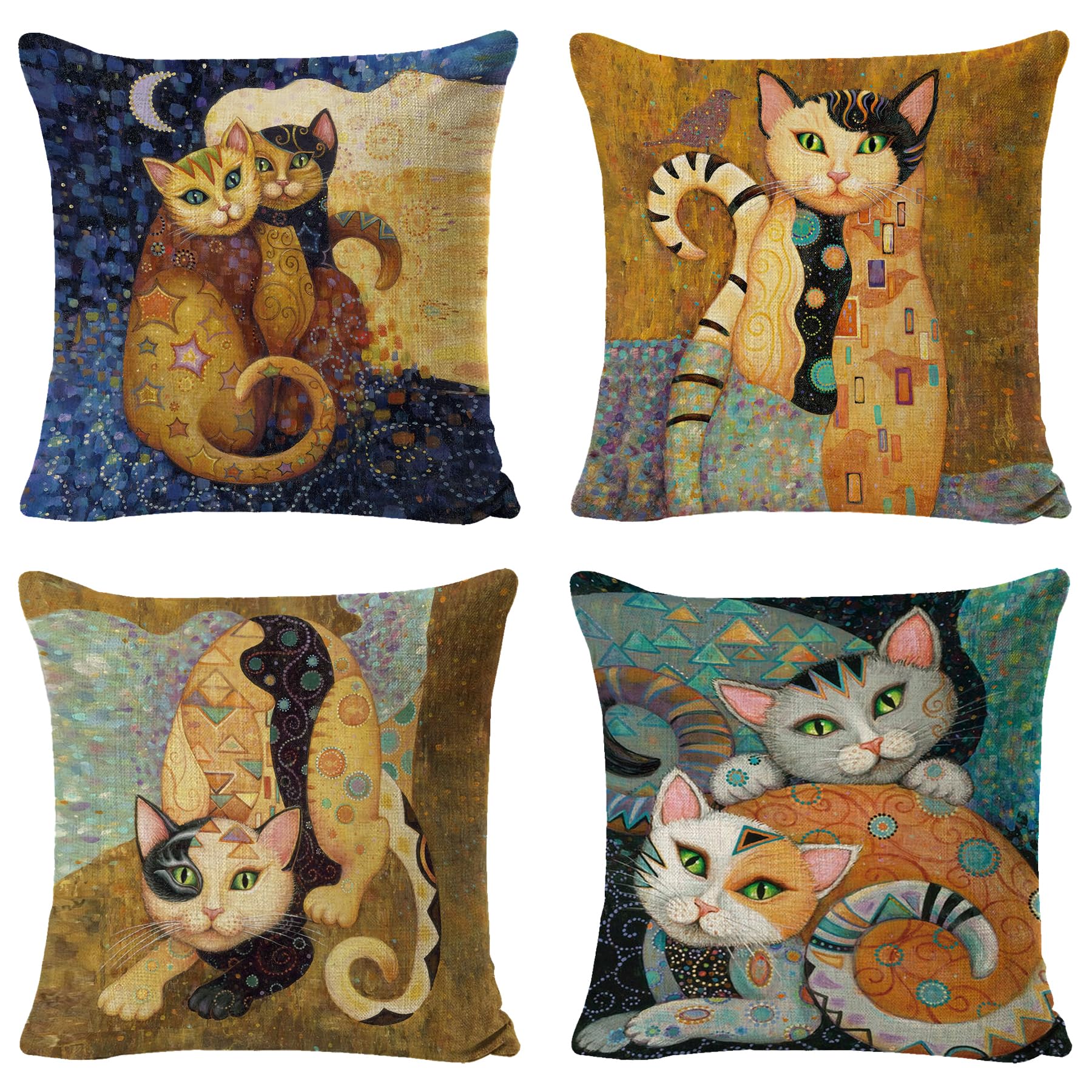 Umimiss 4 fundas de cojín de animales, fundas de cojín de 45 x 45 pulgadas, regalos de gato para mujeres, cojín de gato, decoración de habitación temática de gato, cojín de asiento de algodón y lino