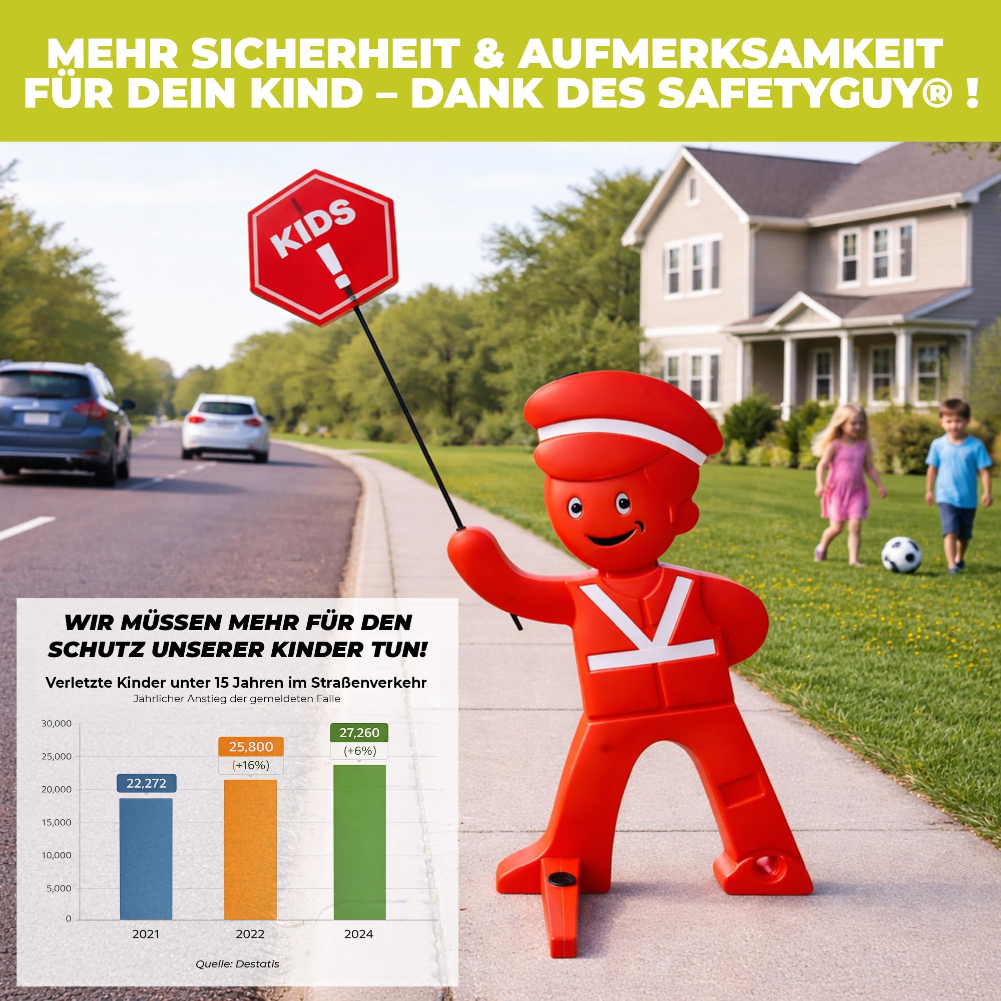 SafetyGuy Achtung Kinder Aufsteller mit Reflektoren | 120 cm Kinderwarnaufsteller mit Reflektoren, breitem Standfuß und optionalem Solarlicht für Einfahrt, Spielstraße