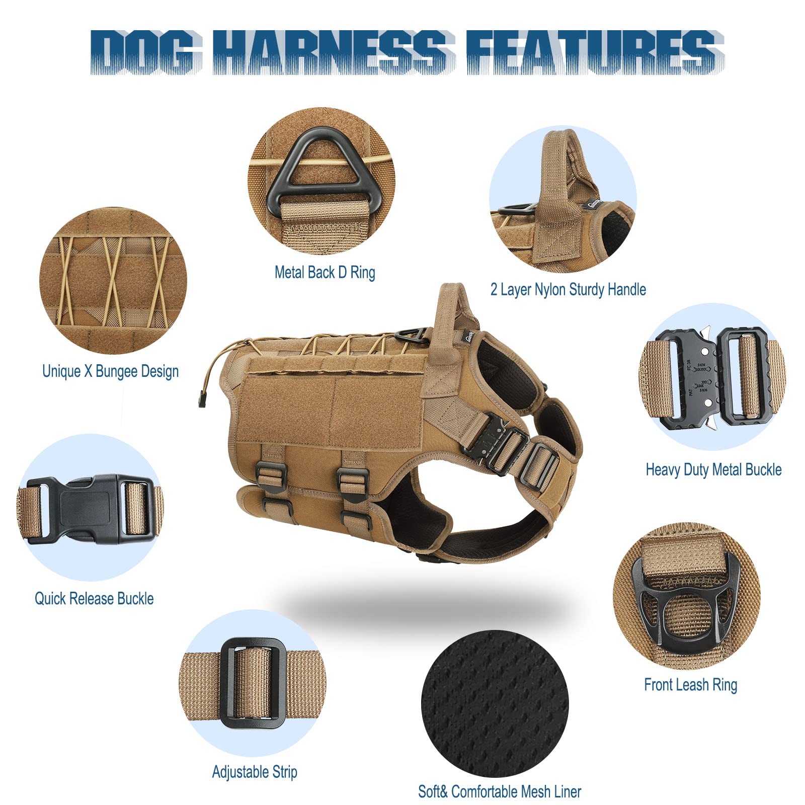 PETNANNY Arnés táctico para perros de gran tamaño, chaleco MOLLE resistente para perros de servicio medio, chaleco ajustable con asa, gancho, panel de hebilla, parches reflectantes (caqui, XL)