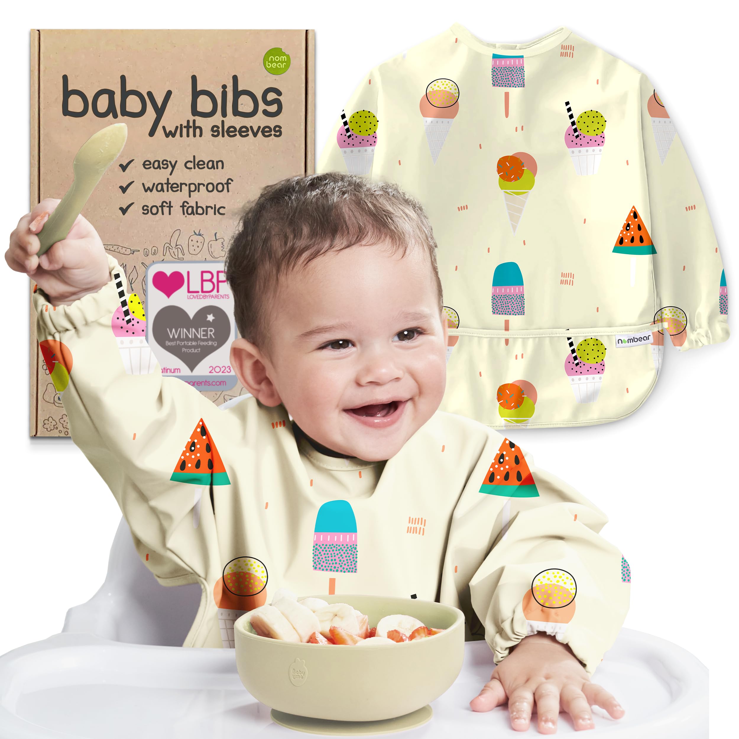Nombear Baby Bibs with Sleeves for 6-24 Months, 1 Pack, Easy Wipe Clean, Machine Washable Baby Weaning Bib with Sleeves