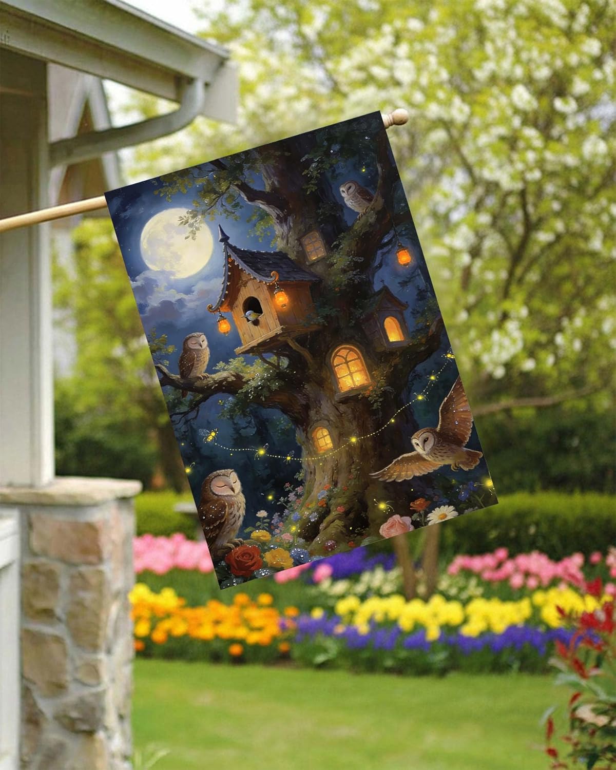 Mysterious Tree Birds Owls Lantern House in Forest Fantastic Fairy House Flag 28" x 40" Double Sided, Polyester Welcome Yard Garden Flag Banners for Patio Lawn Outdoor Home Decor
