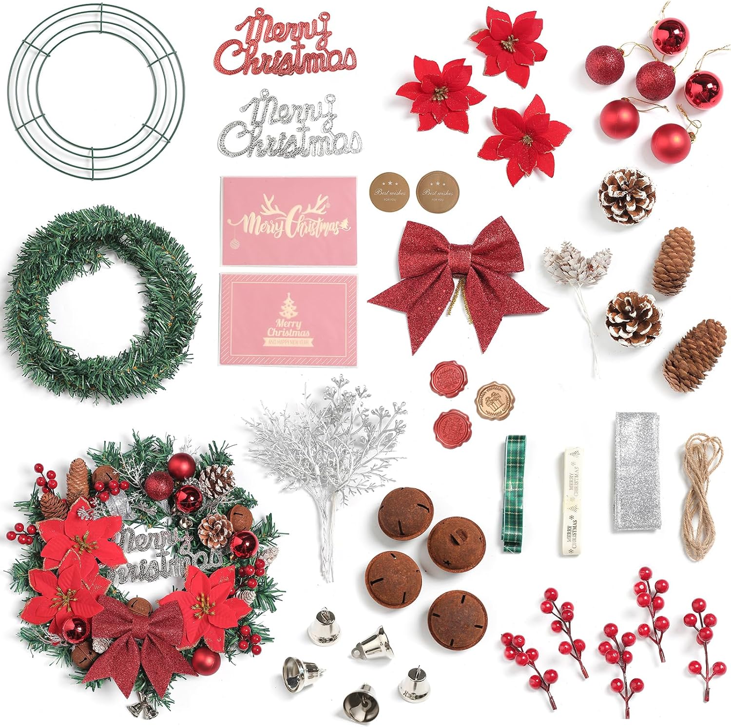 Serra Flora 52-Piece Christmas Ornament DIY Wreath Craft Kit - Includes Wire Wreath Frame, Green Tinsel Garland, Pinecones, Christmas Balls, Little Bell, Poinsettia, Red Berry for Decorations