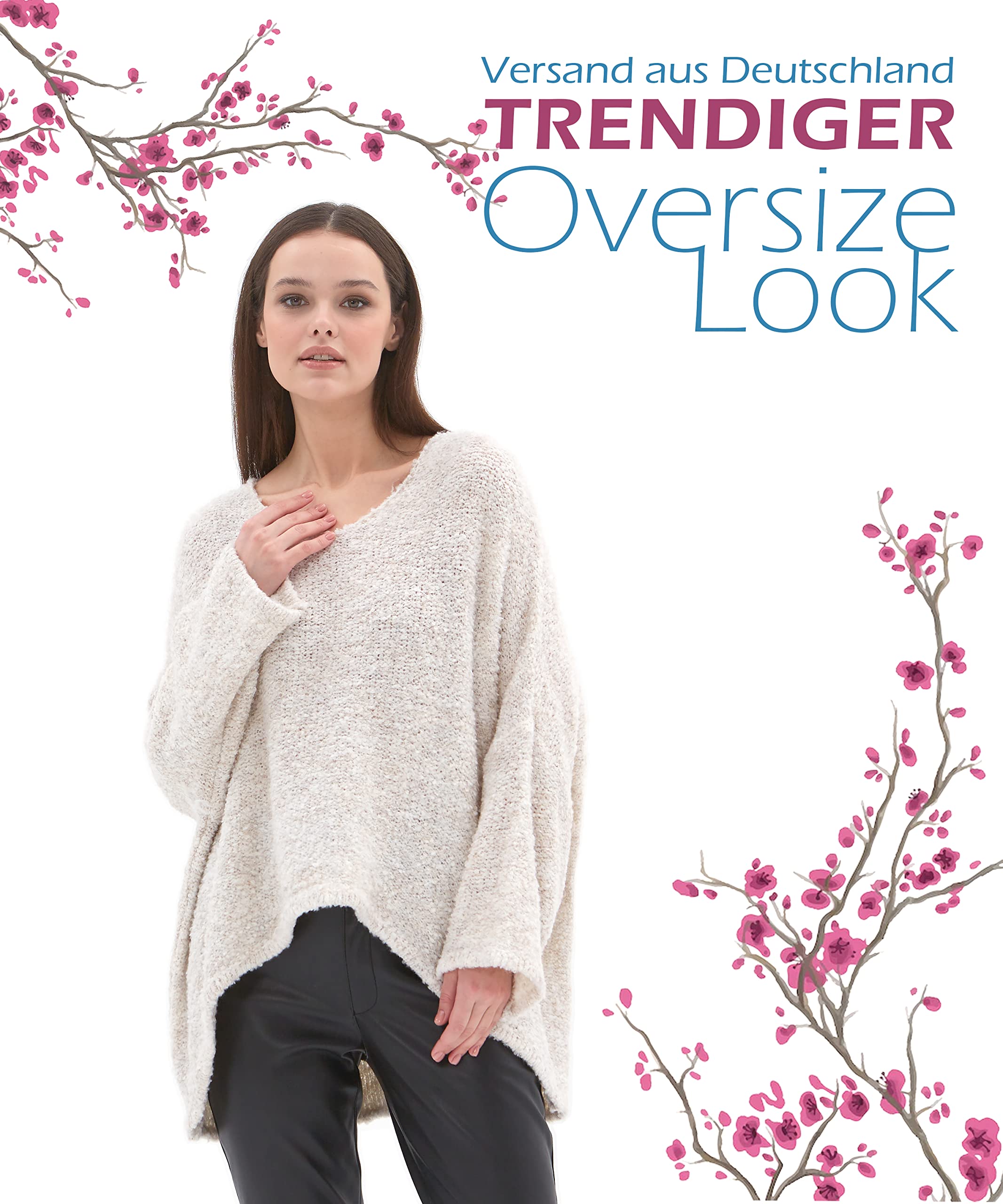 Damen Strickpullover Oversize Longpullover Pullover Damen V-Ausschnitt Grobstrickpullover Pulli Damen Frühling Herbst Winter Made in Italy