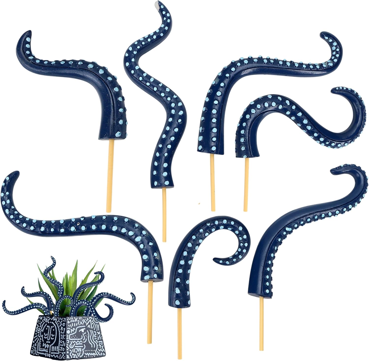 7Pcs Octopus Tentacle Plant Stakes Glow in The Dark Resin Luminescent at Night Decorative Garden Potted Plants for Halloween, Funny Lamp Ornaments, Weird Decor Indoor Outdoor Home Supplies, Blue