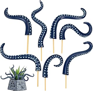 7Pcs Octopus Tentacle Plant Stakes Glow in The Dark Resin Luminescent at Night Decorative Garden for Halloween, Funny Ornaments Blue Octopus Lamp Weird Home Decor Supplies Potted Plants Indoor Outdoor