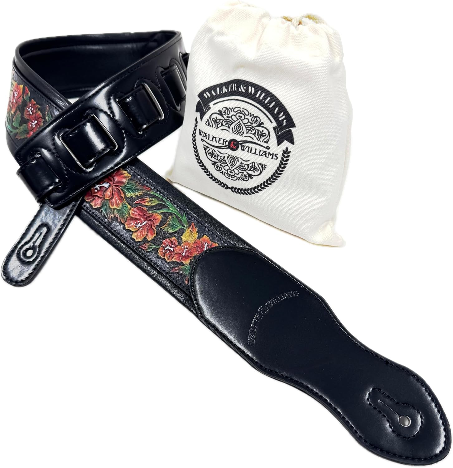 Walker And Williams KB-10 Gloss Black Premium Padded Guitar Strap With Bright Red Roses On Carved Leather, For Acoustic, Electric, And Bass Guitars