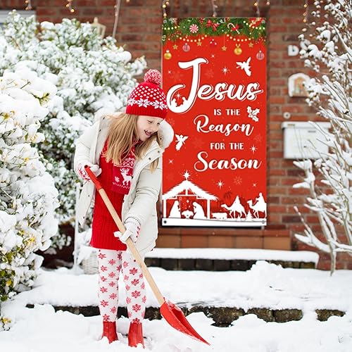 Miniatura 5 de Decoración de Navidad al aire libre, cubierta religiosa para puerta, Jesús es la razón de la temporada, fondo de fotografía de Navidad, pancarta de