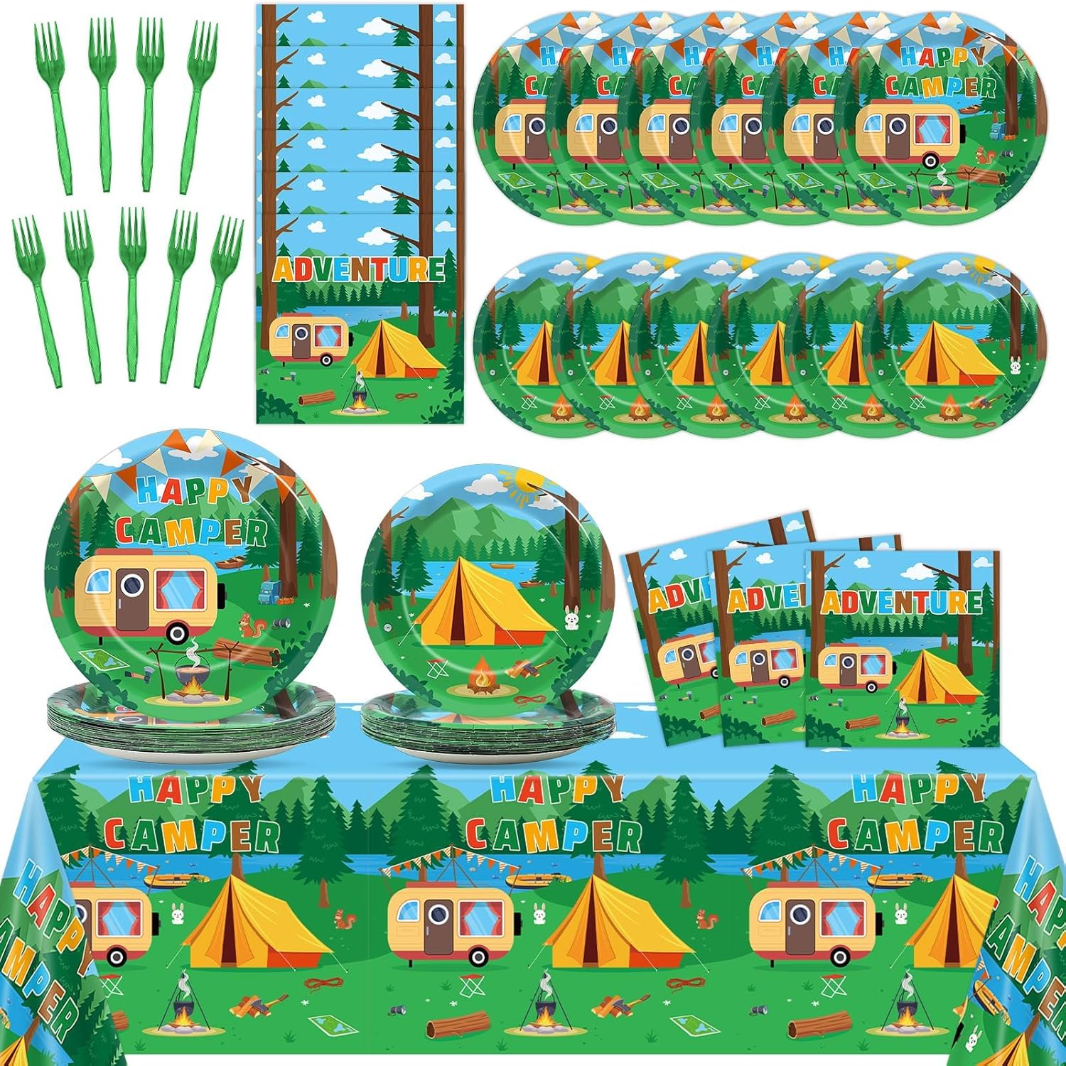 OBUSATT Camping Party Decoration Happy Camper Party Plates Napkins Tablecloth Camping Adventure Party Supplies Camping Birthday Disposable Tableware Set for Camping Themed Events Supplies Serve 25