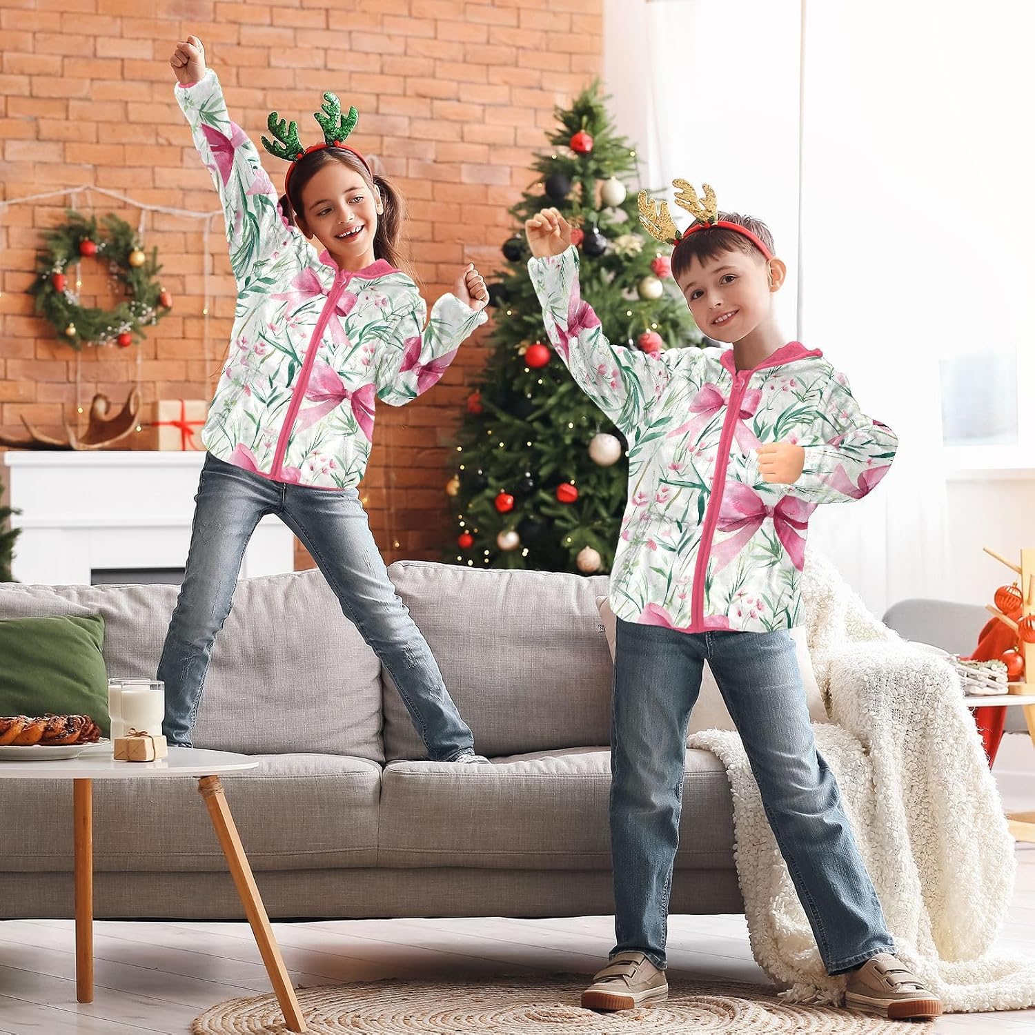 Girls Hoodie Outfit Pink Bow Green Grass Pattern Zipper Sweatshirt Coat Fleece Jacket for Kids 3-10T