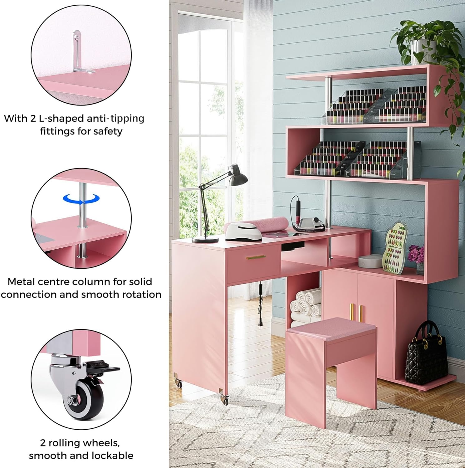 Manicure Table Nail Desk with Stool, L-Shaped Nail Tech Desk with Dust Collector, Two-Way Drawer, Cabinet & Storage Shelves, Rotating Reversible Manicure Workstation on Wheels (Pink)
