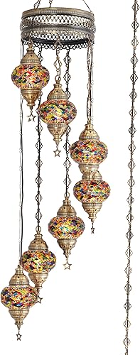 Miniatura 4 de DEMMEX Lámpara colgante de techo Tiffany de 7 globos con mosaico turco marroquí bohemio Tiffany con cadena de cable de 15 pies y enchufe, 50