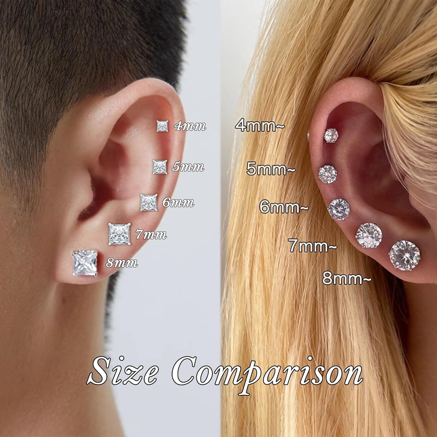 Trinckle Magnetic Earrings for Men and Women, 4 Pairs Stainless Steel Stud Earrings Hypoallergenic Cubic Zirconia Studs Small Non-piercing Clip on Earrings Silver Ear Cuff Black Fake Earring Set 6-8MM - Image 6