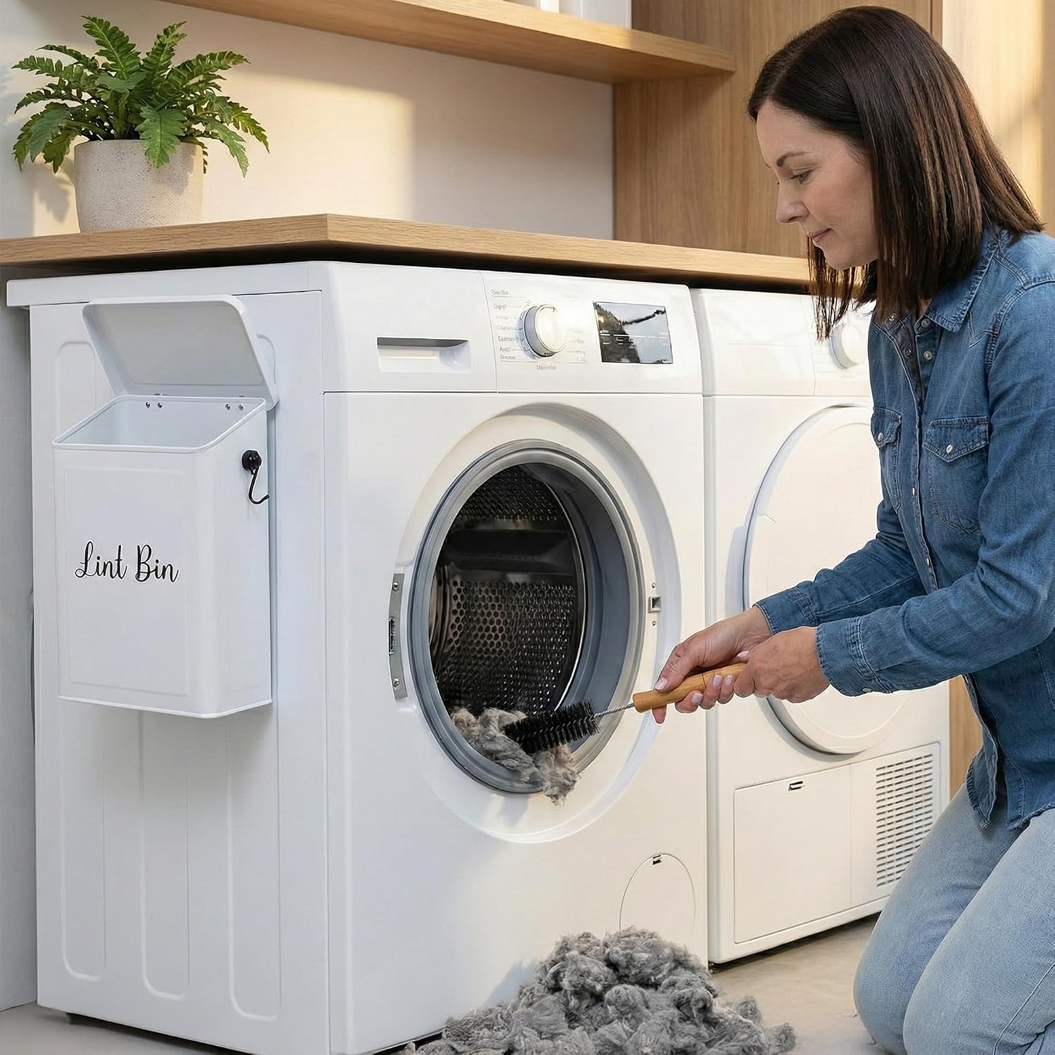 TIRIA Magnetic Lint Bin for Laundry Room, Metal Dryer Lint Trash Can Box with Lid, Wall Mounted Lint Collector Includes Strong Nylon Brush, Iron Black Magnetic Hook and Adhesive Hooks, Space Saving 5L