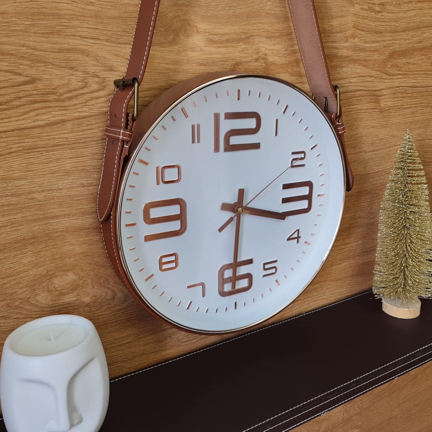 AMYZI 12 Inch Round Gold Wall Clock for Room Decor / Living Room / Kitchen / Bathroom / Office Decor Battery Operated Big Display with PU Leather Belt : Home & Kitchen