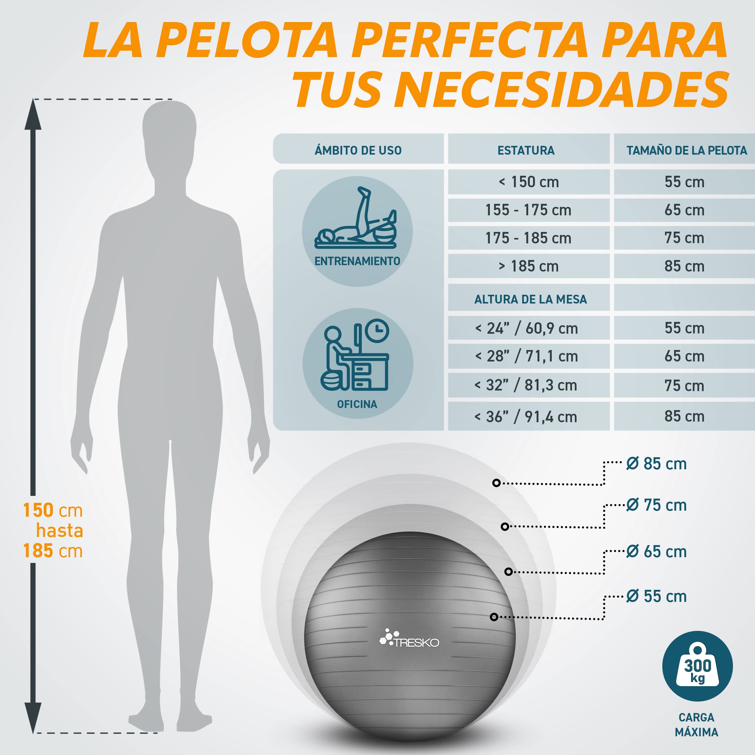 TRESKO Pelota de Gimnasia Anti-Reventones Bola de Yoga Pilates 300 kg con Bomba de Aire