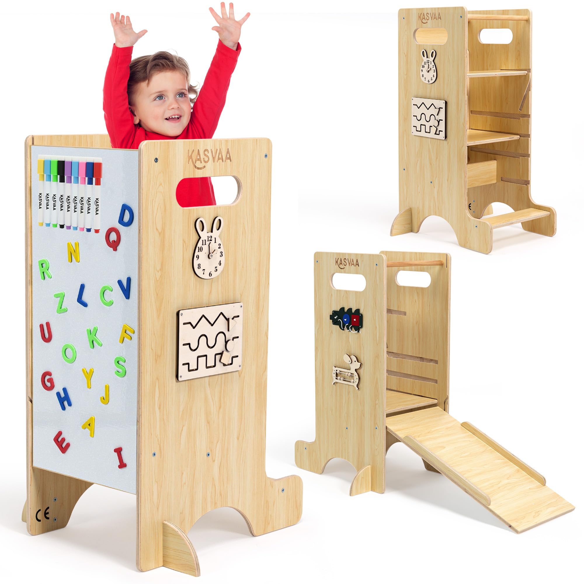 Montessori 3 in 1 Premium Learning Tower with Slide, Magnetic Board and 4 Side Games – Multi-Layer CE/EN71 Certified Wood – Evolutionary, Safe and up to 60 kg
