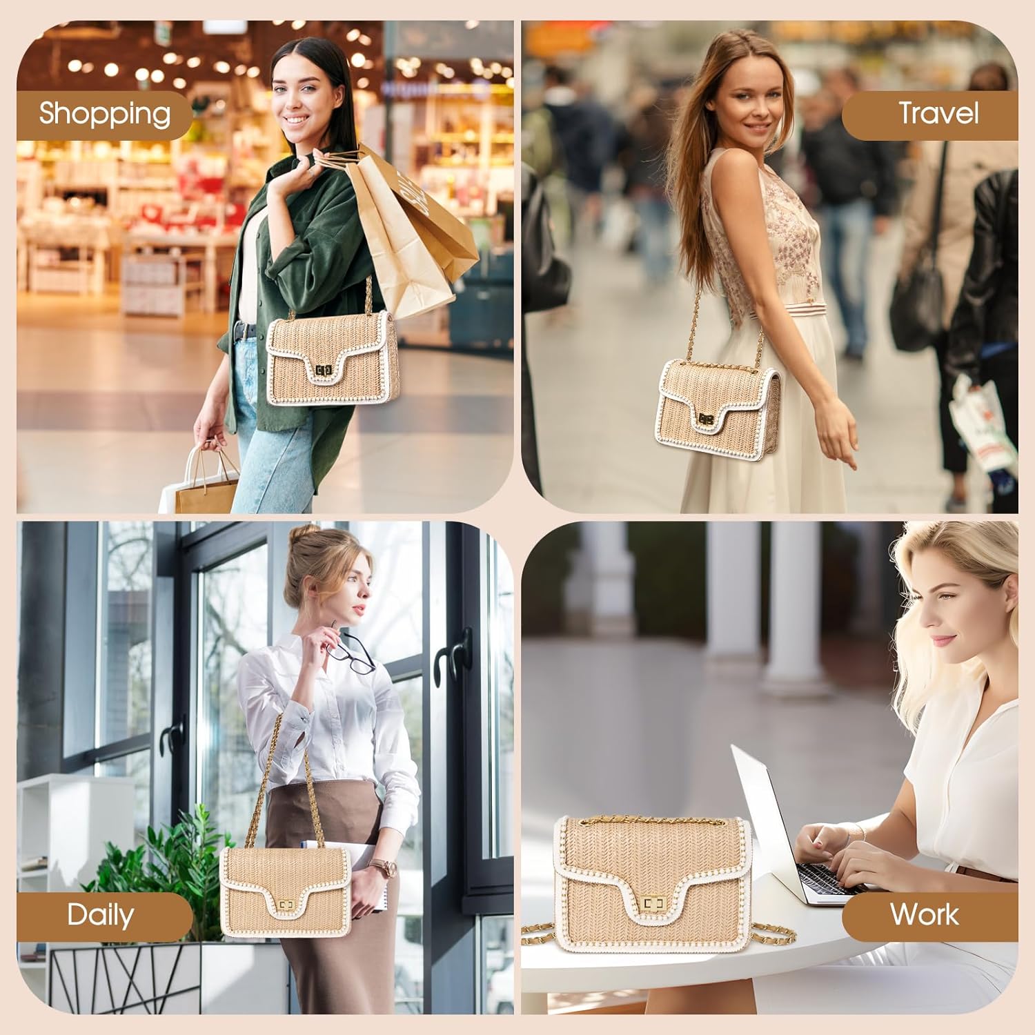 Straw Crossbody Bags for Women, Summer Fashion Straw Purses and Handbags Shoulder Raffia Clutch Bag with Pearls