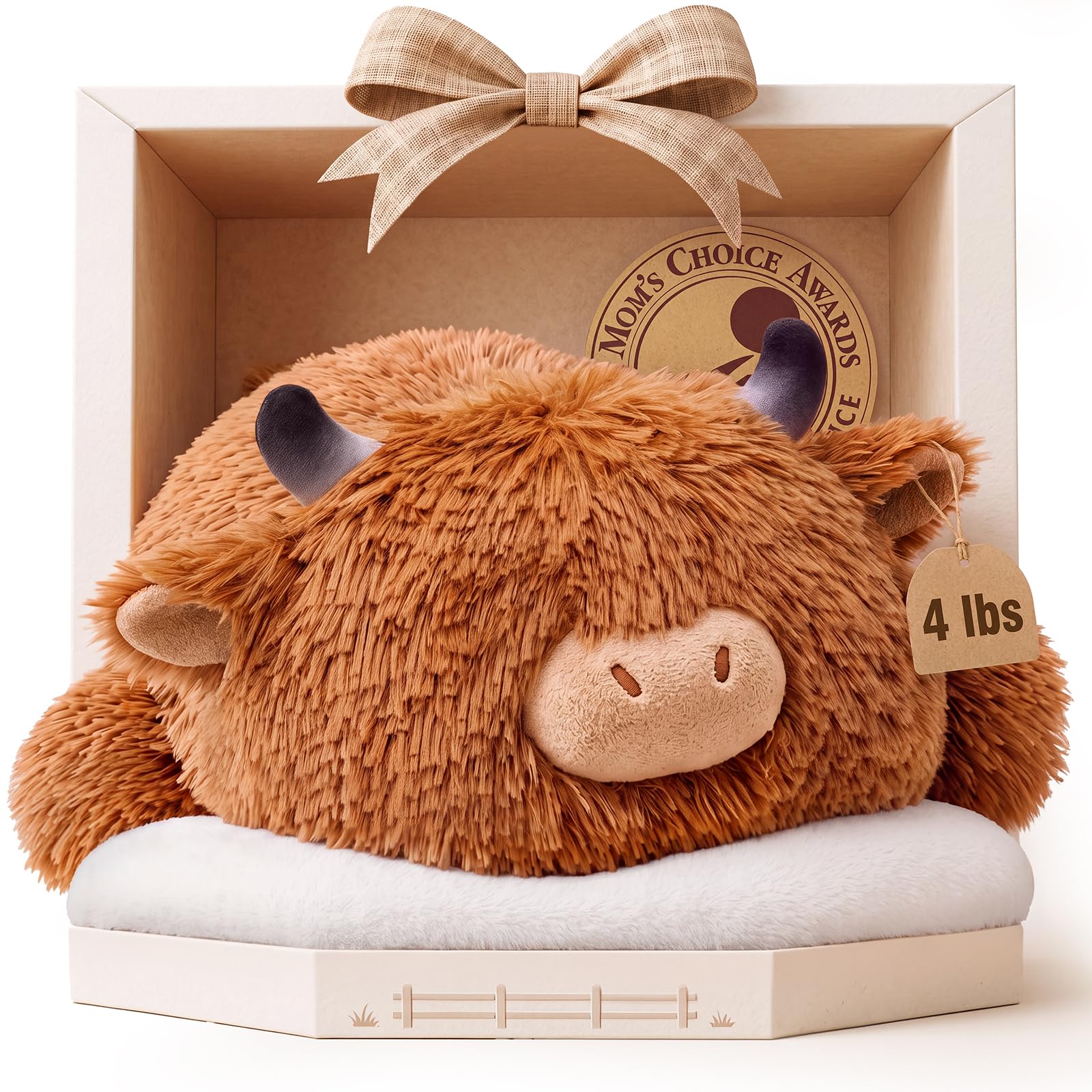 Mewaii Peluche Mucca Highland Sdraiata Con Peso, 1,8 kg, 58 cm | Perle Naturali In Ceramica, Peluche Ponderato, Forma Morbida A Cuscino, Divano, Casa, Regalo Per Adulti E Bambini