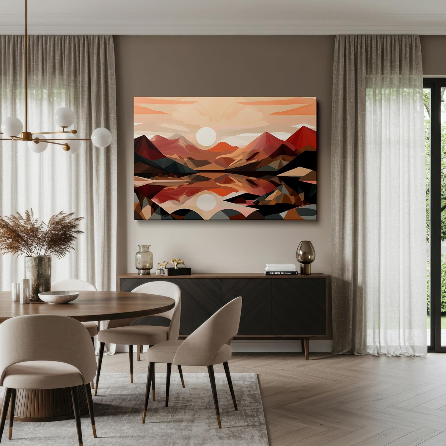 Canvas for Living room. Sunset Serenity in Geometric Wonders: A Digital Vista of Tranquil Mountains and Reflective Lake, 27 x 18 inch Canvas Wall Art - Contemporary Masterpieces - Modern Home Decor