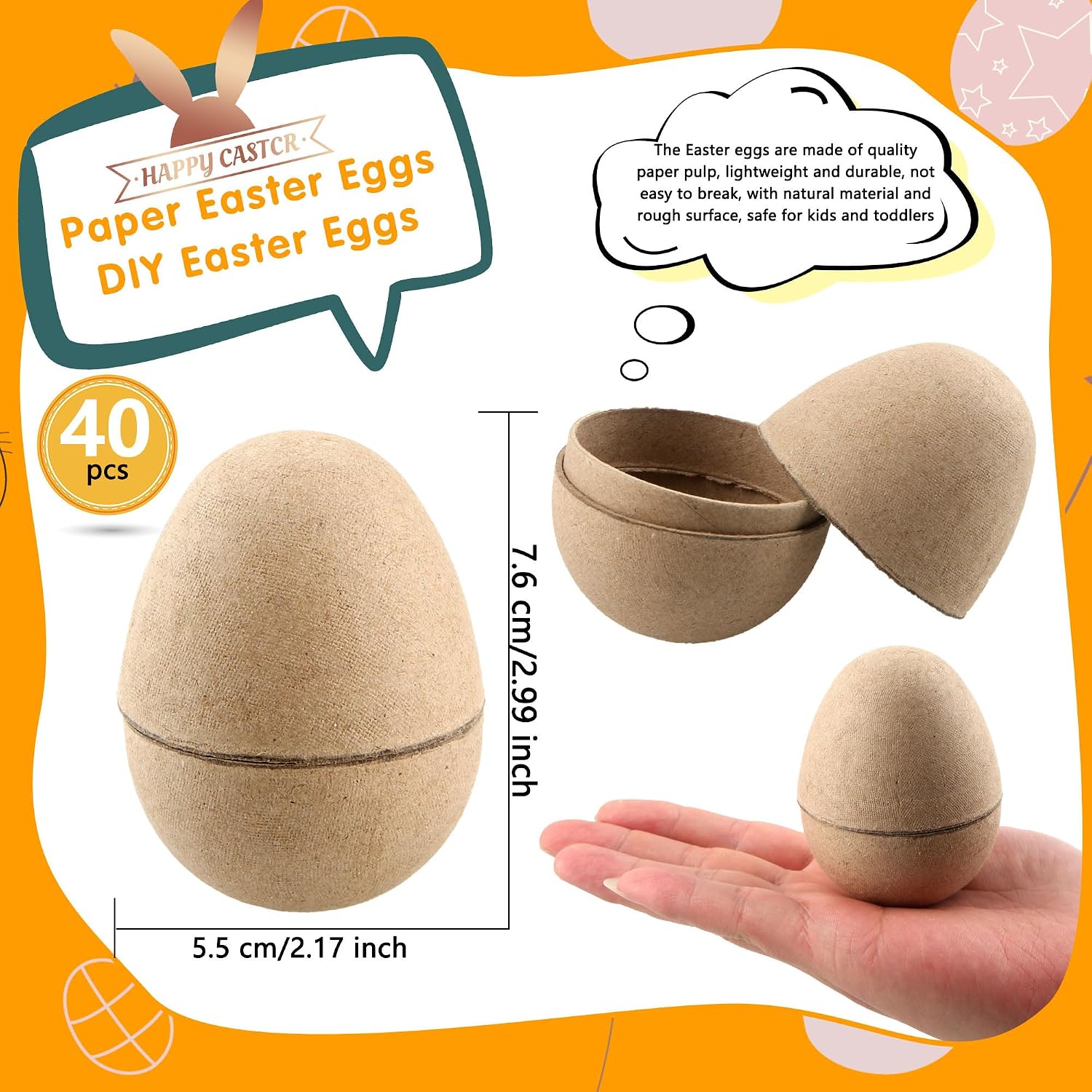 40 Pcs Paper Mache Easter Eggs 3.15 Inch Unpainted Empty Eggs DIY Paintable Eggs Unfinished Craft for Spring Easter Hunt DIY Projects Party Decor, Brown White (Color Set 1)