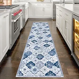 KILOCOCO 2x8 Runner Rug, Moroccan Super Soft Washable Hallway Entryway Runner Rug, Accent Print Faux Wool Kitchen Runner Rug 8 Feet Non-Slip Boho Rug Runner for Laundry Room Bedroom, Blue/Grey/Multi