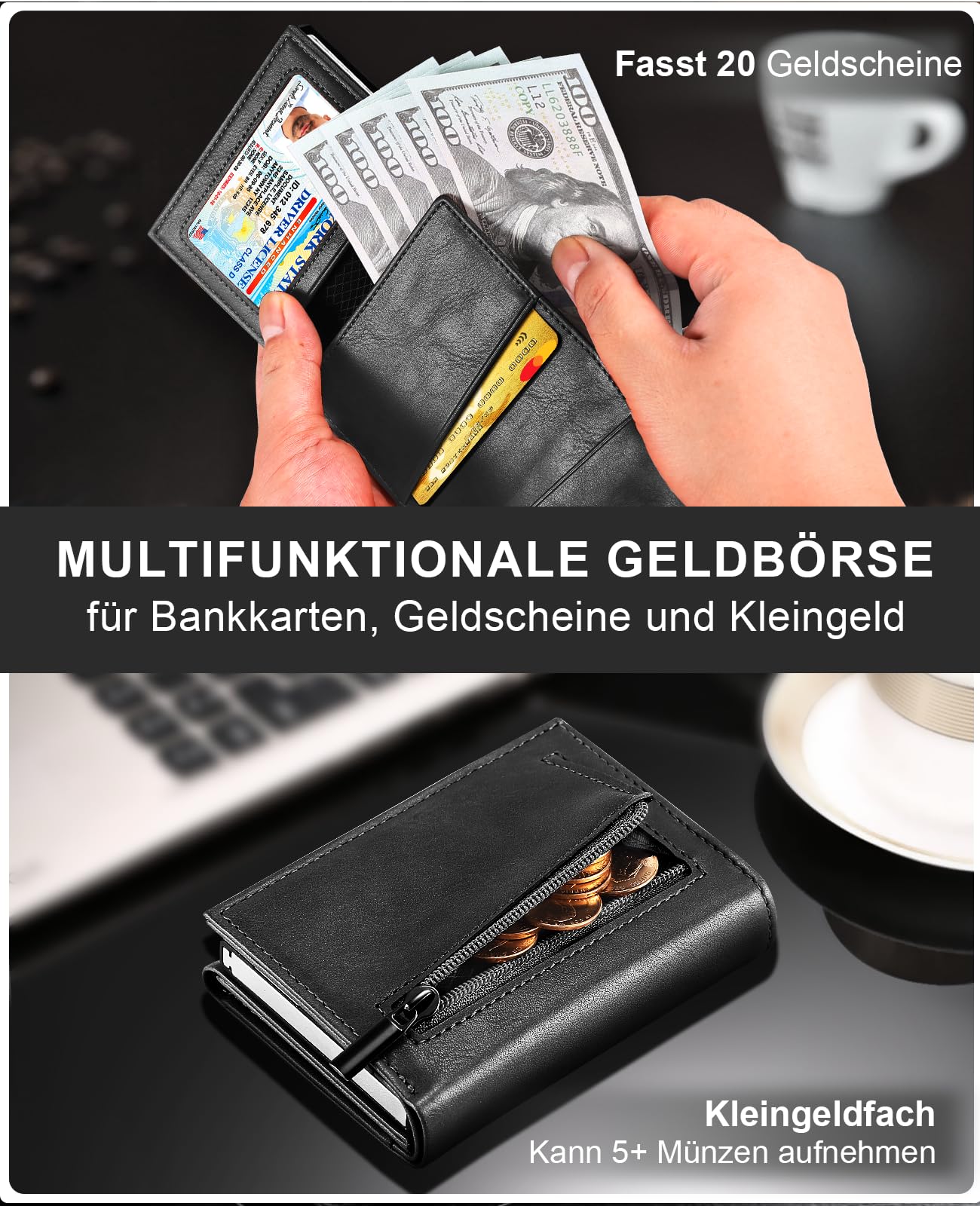 UNOSEKS Portafoglio da uomo – Portafoglio da uomo con protezione RFID, sottile portafoglio con scomparto per monete, Smart Wallet, Nero