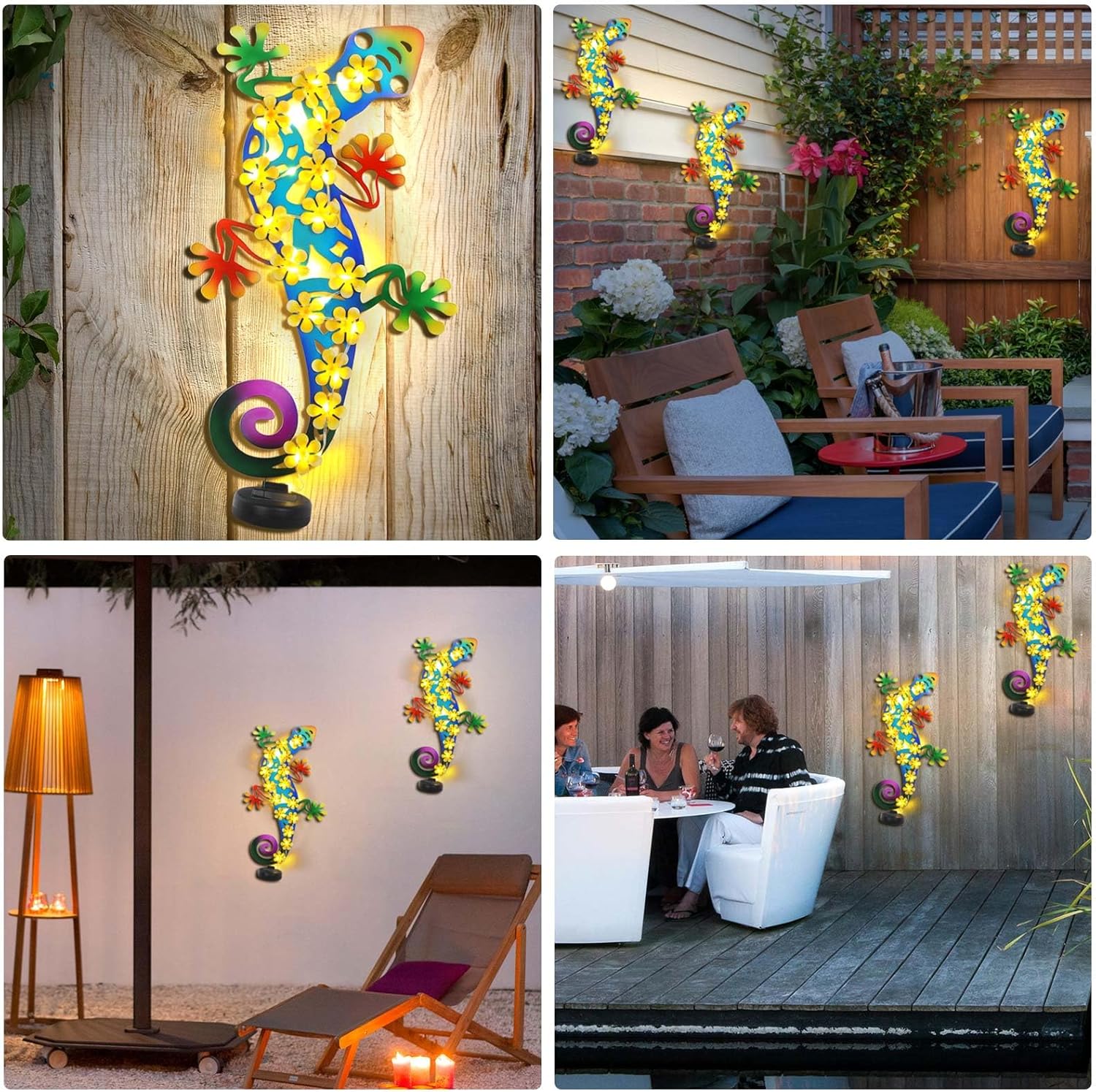 2 Pack Metal Lizards Outdoor Decor Metal Gecko Wall Decoration with 30 Led Solar Lights- 17.7" Fence Wall Art, Gift for Mom Grandma Women Birthday Gardening,Geico Lizard for Garden Patio Porch Yard