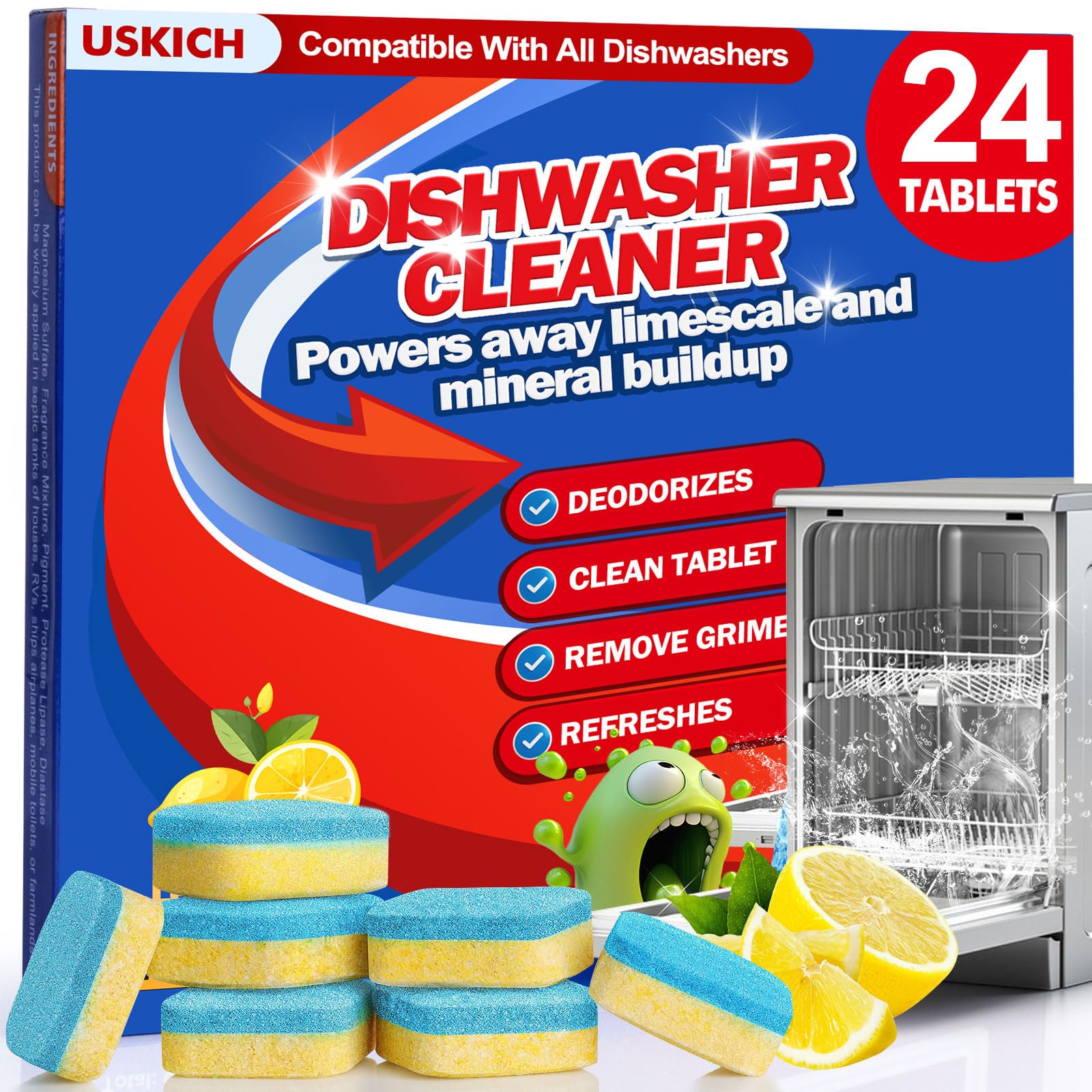 Dishwasher Cleaner And Deodorizer Tablets 24 Pack,Deep Cleaning Descaler Pods for Dish Washer,Lemon Scented Dish Washer Machine Tablets for Limescale,Mineral Buildup, Odor,Septic Safe- 1 Year Supply
