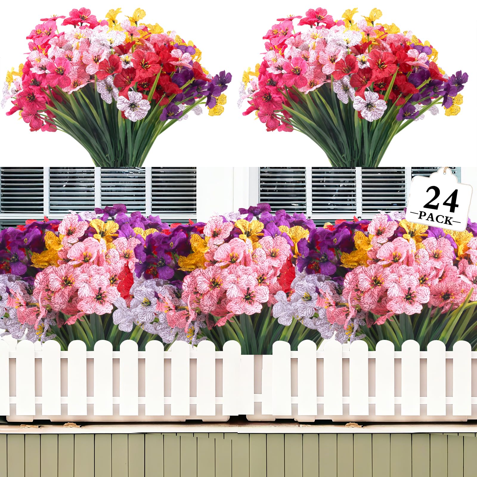 Kradeler 24 Bundles Artificial Flowers for Outdoor,6 Colors No Fade Fake Plastic Silk Flowers Faux UV Resistant Plants for Indoor Outside Garden Porch Hanging Planters Decor (Multicoloured)