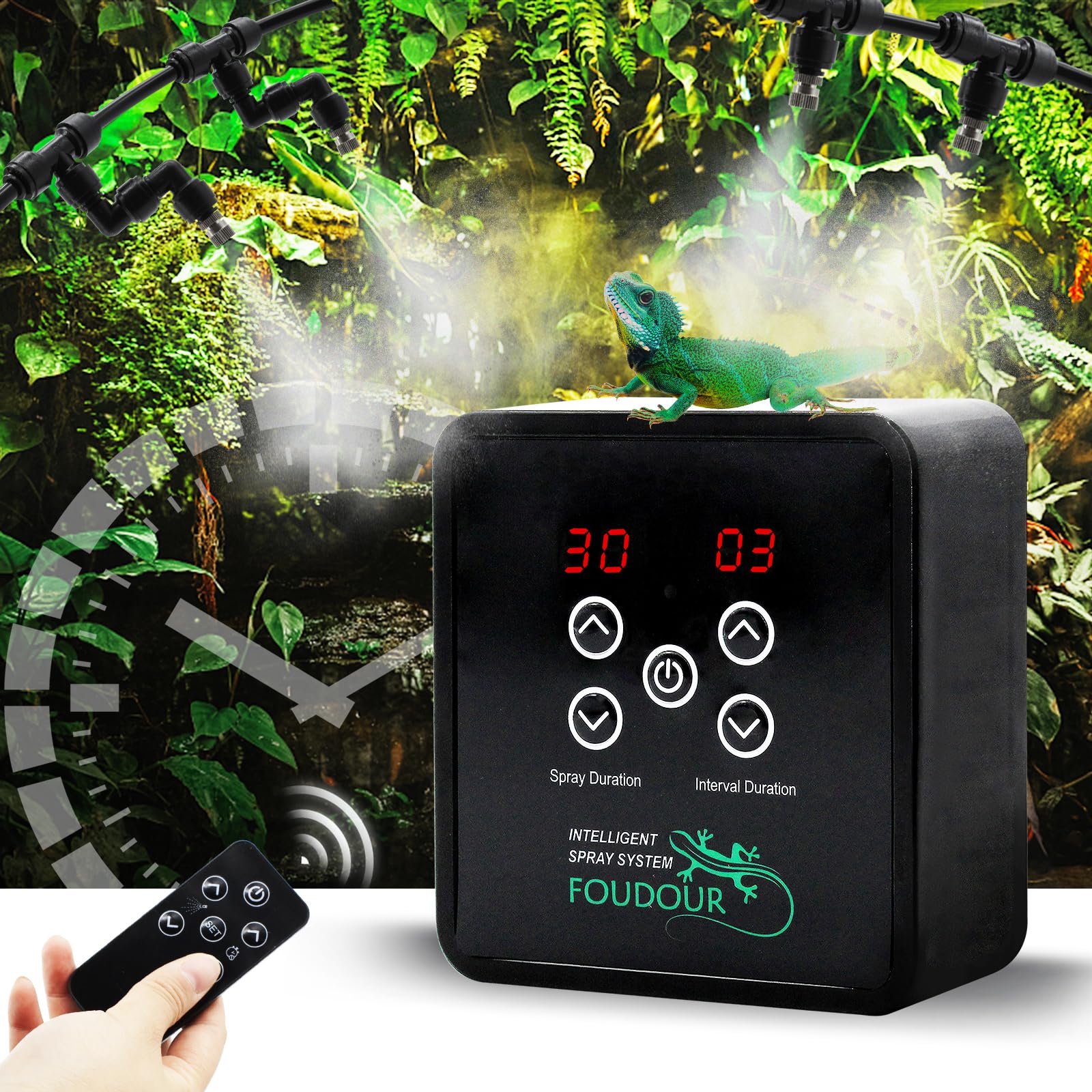 FOUDOUR Reptile Humidifiers Smart Misting System with Remote Control/Touch Screen reptile mister with Timer Low Noise 4PCS 360°Adjustable Misting Nozzles for Reptiles/Chameleons/Frog/Snake