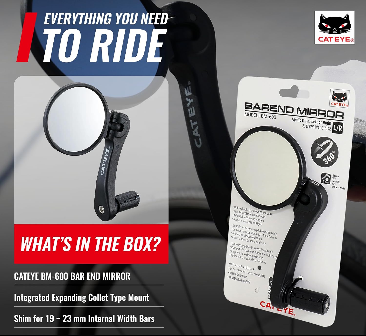 BM-600 Handlebar Mirror – Unbreakable Stainless Steel Lens with 360-Degree Adjustability, Reversible Left or Right Mount, Fits Flat Bar Gravel, Urban, Commuter and MTB Bikes