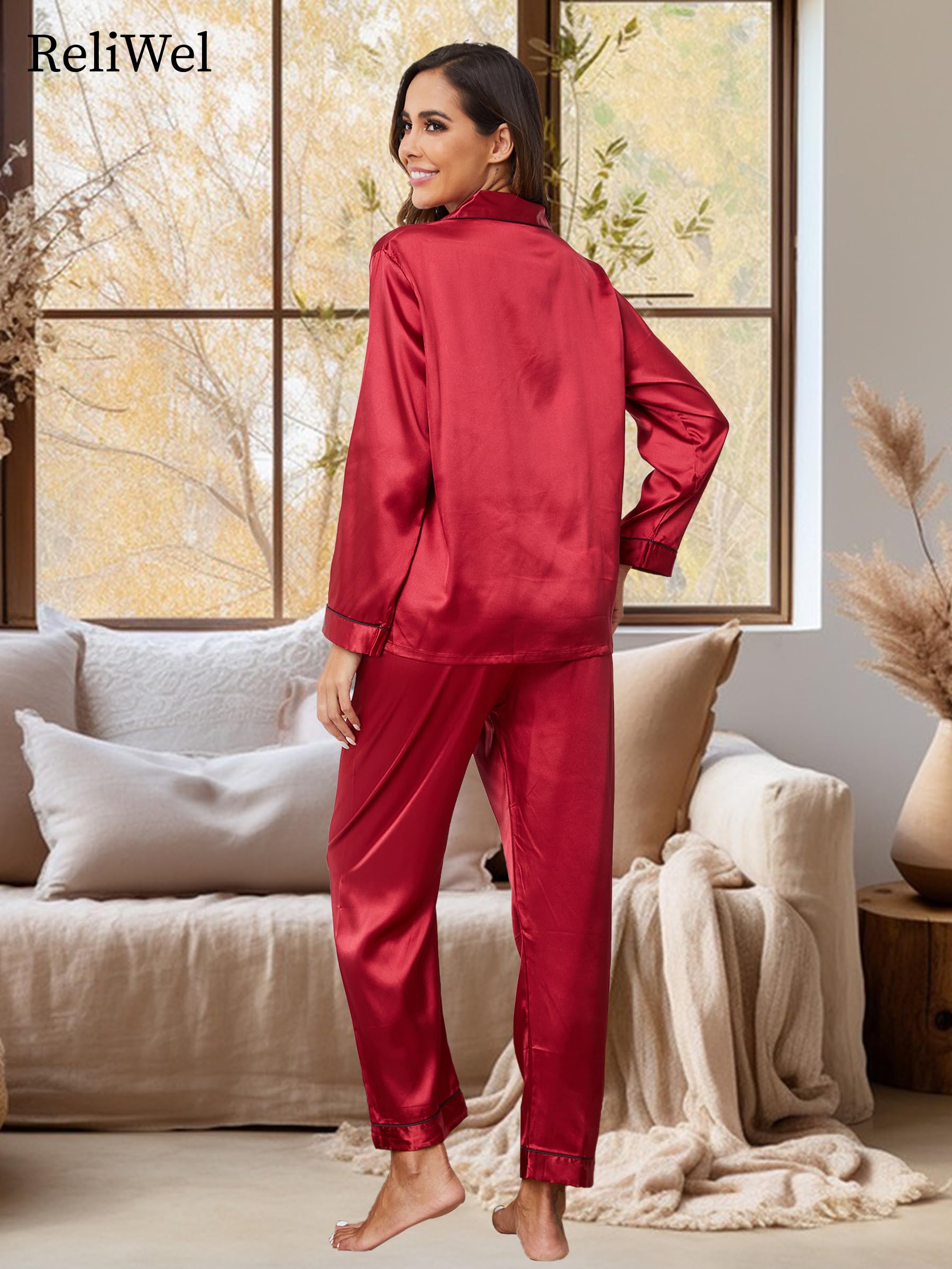 Reliwel Pigiama Donna Estivo Pigiami da Donna Due Pezzi a Maniche Lunghe Pantaloni in Raso Morbidissimo Scollo V Aperto Davanti con Bottoni e Borse Laterali