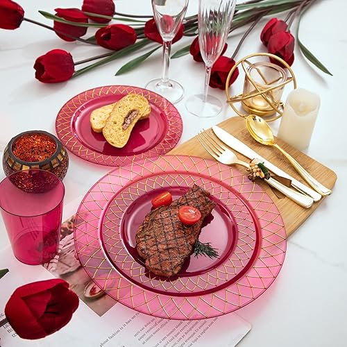 Miniatura 5 de Nervure 150 platos de plástico rojo transparente con borde dorado, plato de fiesta rojo, plato de oro desechable incluye: 50 platos, 25 cuchillos,